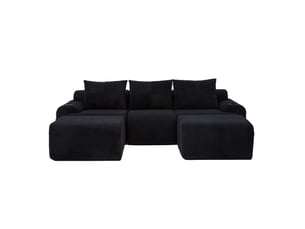 Canapé modulaire 3 places en velours côtelé avec 2 poufs, porte-gobelets, noir