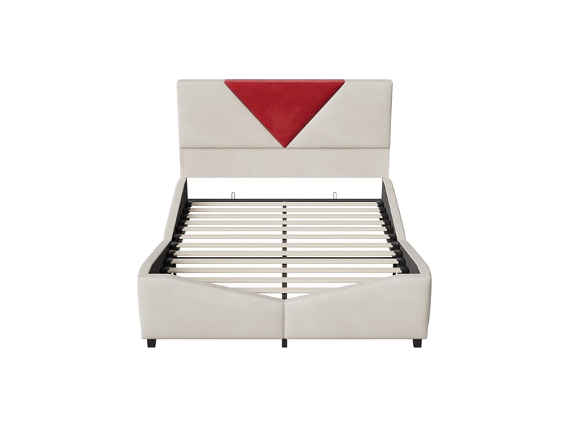  Lit coffre 140x190cm - lit double 140x190 - rembourré velours avec led rgb sous lit &amp; tête bicolore rouge - blanc cassé  - Conforama A