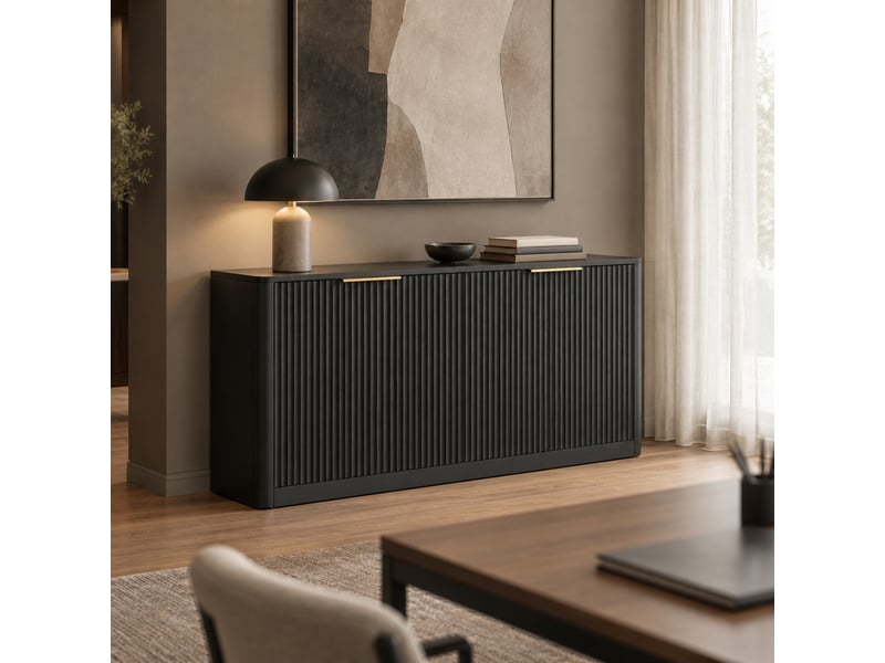  Buffet de rangement 150 cm, 4 portes à panneaux ondulés en mdf noir  - Conforama D