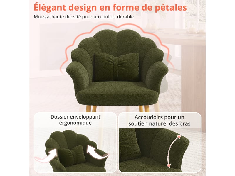Lot de 4 fauteuils rembourrés à dossier pétale avec accoudoirs et coussins, pieds métalliques dorés en tissu teddy vert - Conforama C