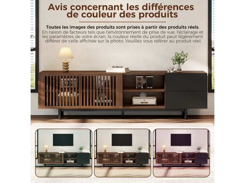  Meuble tv effet noyer et noir avec portes cannées 160cm  - Conforama C
