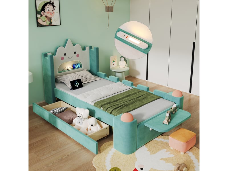  Lit simple 90x200 cm, lit enfant, tiroirs, étagères, barrière antichute, led, port usb, motif nuage, velours bleu et vert  - Conforama A