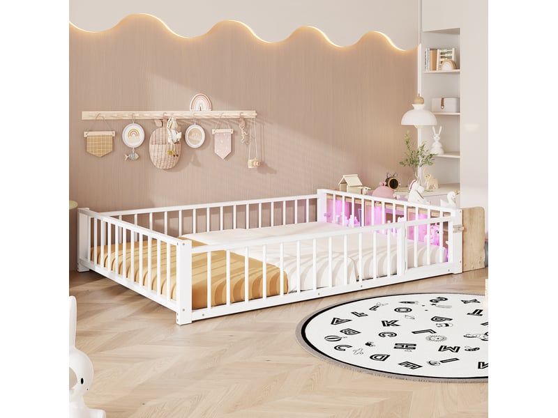  Lit enfant 140 x 200 cm en métal et mdf avec rangement ouvert, led et barrière, blanc  - Conforama E