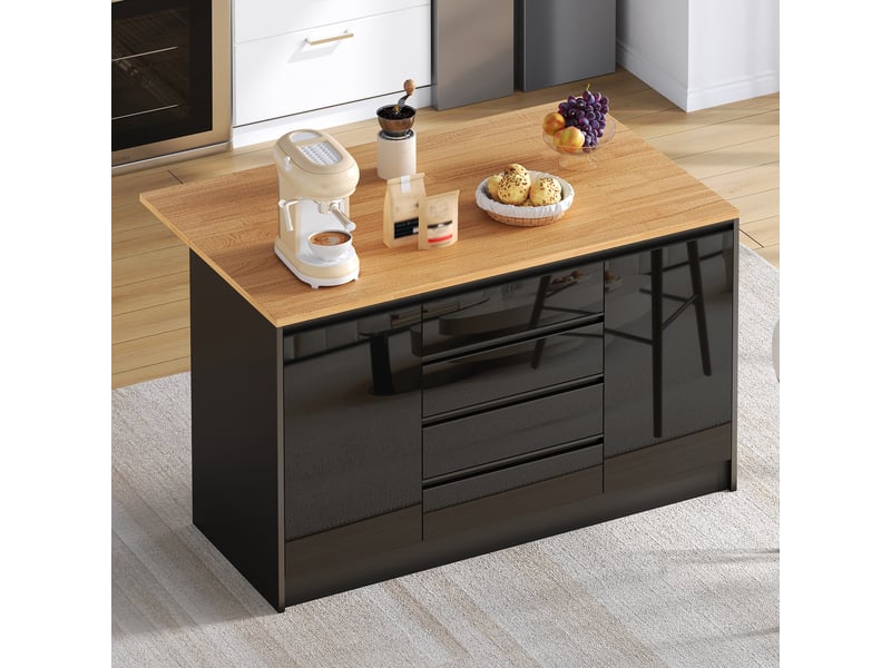  Îlot de cuisine 140 cm avec plan de travail extensible, meuble de rangement central avec 4 tiroirs et 2 placards, noir brillant et aspect bois.  - Conforama E