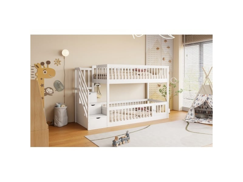 Lit superposé 90x200 cm en bois blanc avec escalier sécurisé et tiroirs de rangement pour enfants et adolescents BUBBLY - Conforama D
