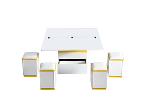Table basse relevable pliante 100x50x43 cm, transformable en table repas, 4 tabourets, mdf particules, blanc et jaune