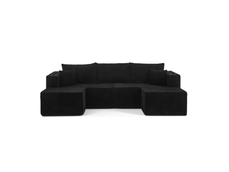  Canapé d'angle modulable - 230x138x75cm - canapé 3 places en velours côtelé avec 2 poufs amovibles et porte-gobelets - noir  - Conforama A