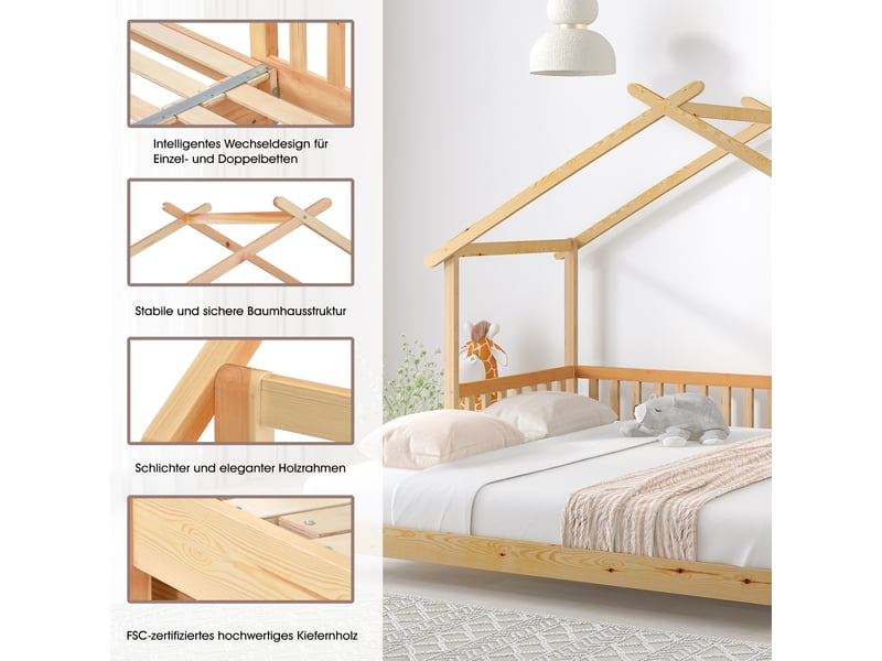  Lit cabane extensible enfant 200x90cm &amp; 200x180cm en bois massif naturel, convertible simpledouble  - Conforama E