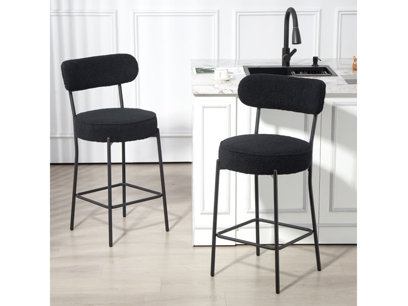  Lot de 2 tabourets de bar avec assise rembourrée, repose-pieds et patins réglables en polyester noir  - Conforama B