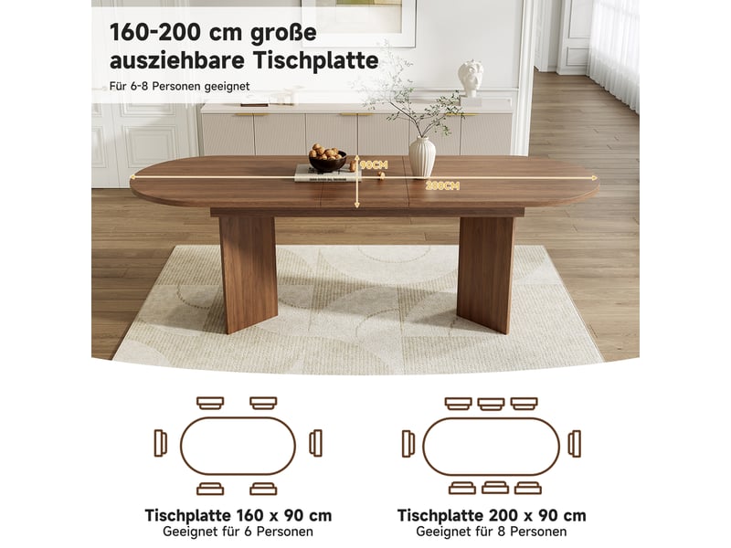  Table à manger extensible 160200 x 90 cm - 4 à 8 personnes - coins arrondis - noyer  - Conforama D