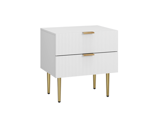 Table de chevet moderne, blanc, motif ondulé, 2 tiroirs, pieds en métal, rangement, 1 pièce