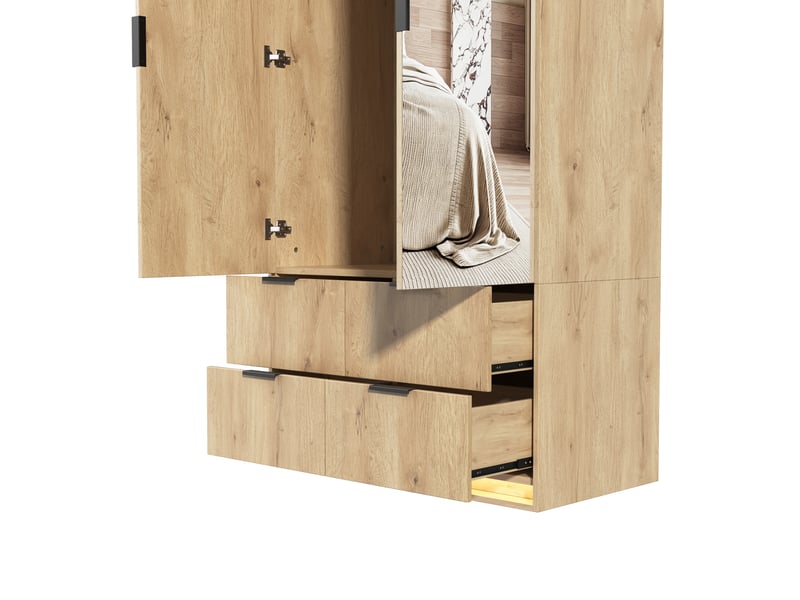  Armoire,90x47x200 cm,2 portes avec miroir led,mdf,coloris chêne  - Conforama E
