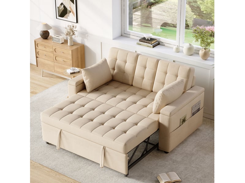 Canapé droit convertible 2 places beige avec rangement et dossier réglable, idéal pour petits espaces - Conforama E