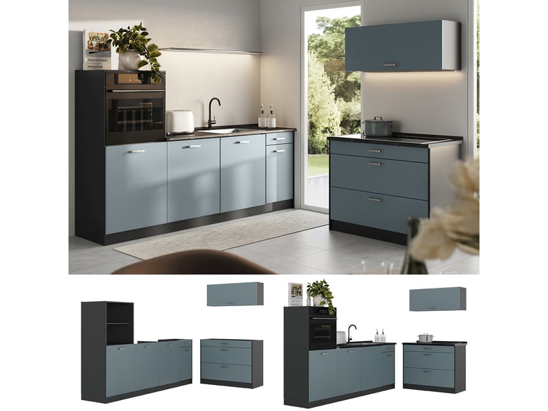  Vicco cuisine, bleu-grisanthracite, 220cm plan de travail chêne doré  - Conforama D