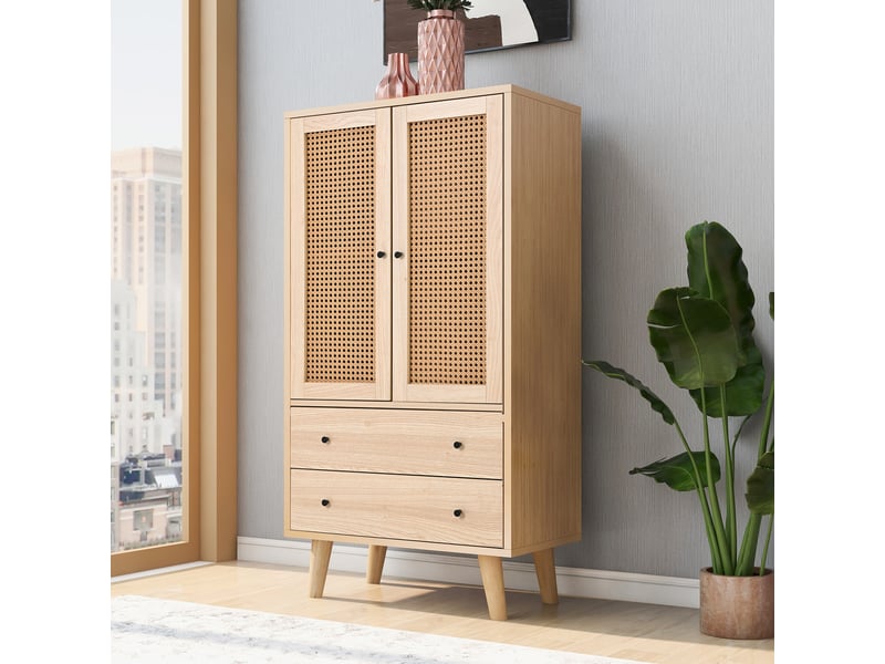  Buffet haut chêne 120 cm commode en bois et rotin 2 portes 2 tiroirs  - Conforama B