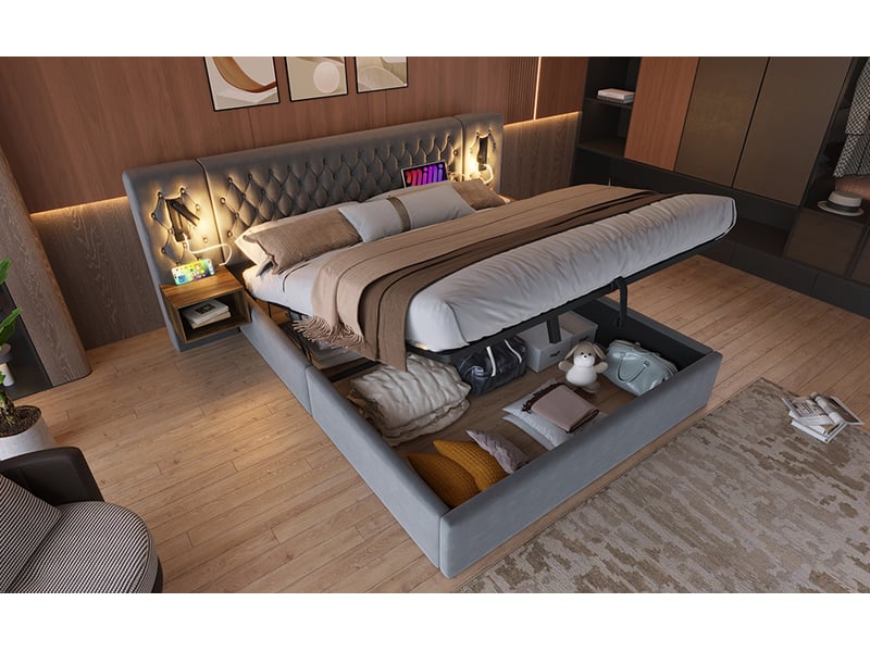 Lit coffre 160x200 cm velours gris, tête led usb, tables de chevet intégrées, rangement hydraulique, matelas inclus - Conforama D