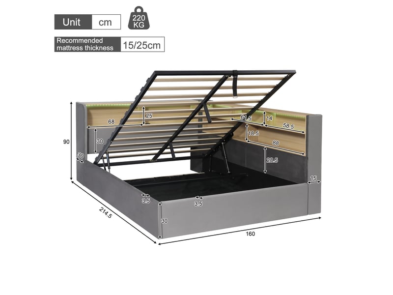  Lit de jour 140x190 cm avec rangement hydraulique, lit rembourré, canapé-lit avec led, port usb et dossier, velours gris  - Conforama C