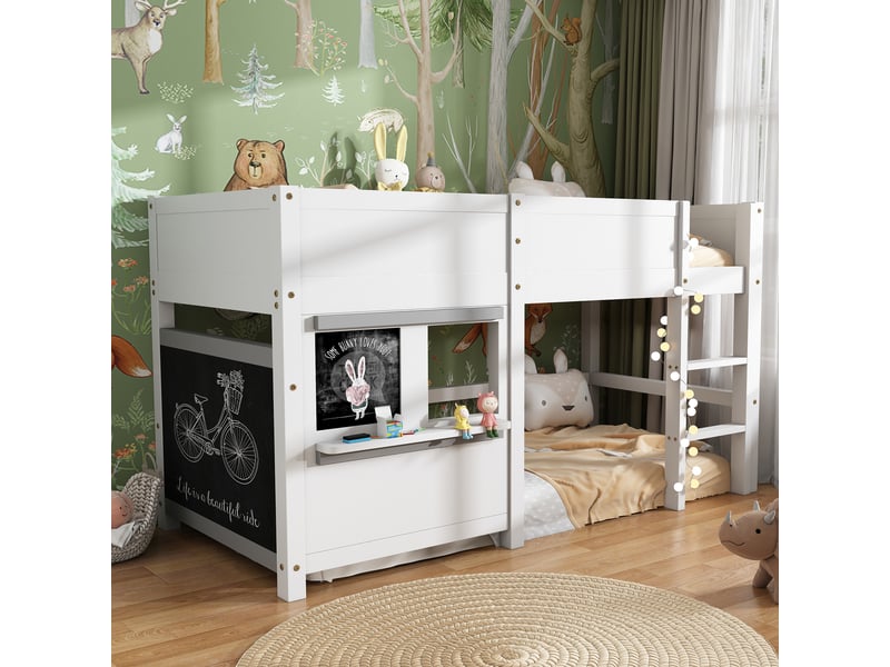  Lit cabane enfant 90x200 superposé blanc avec tableau noir et étagère  - Conforama C