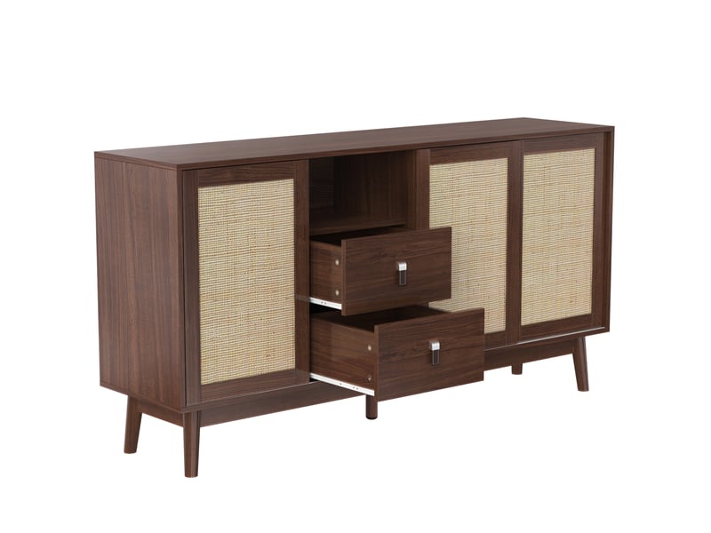 Buffet 3 portes coulissantes en rotin et 2 tiroirs, 155x38x80 cm, bois foncé - Conforama A
