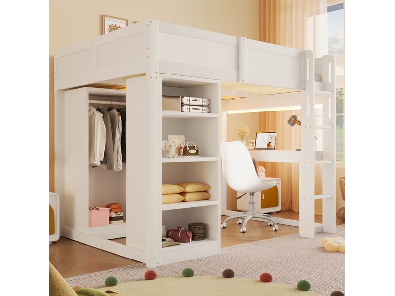 Lit mezzanine 140x200 cm, avec matelas non inclus, bureau en l, dressing, led, rangements, pin et mdf, blanc - Conforama D