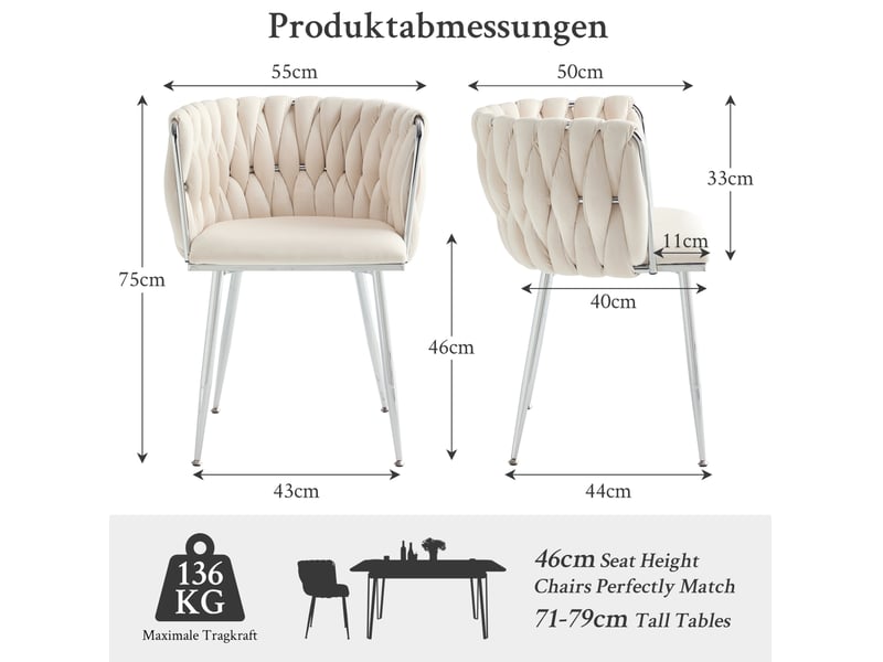  Lot de 2 chaises de salle à manger modernes en tissu beige avec structure métallique argentée  - Conforama C