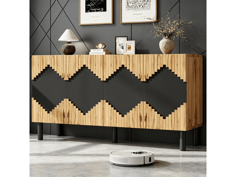  Buffet moderne 140x40x70cm meuble rangement bois noir avec portes push-open et design losange pour salon  - Conforama W