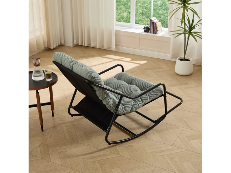  Fauteuil à bascule extérieur en métal noir avec coussin épais vert clair, mouvement réglable et corde fixe  - Conforama E