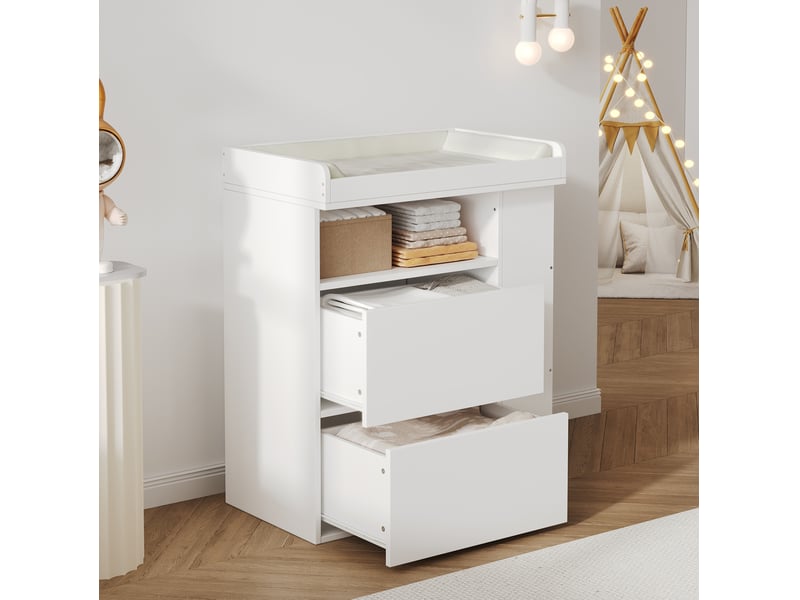 Commode à langer 82x50x100 cm, 2 tiroirs, plan amovible, rangement évolutif, mdf blanc, sans coussin - Conforama D