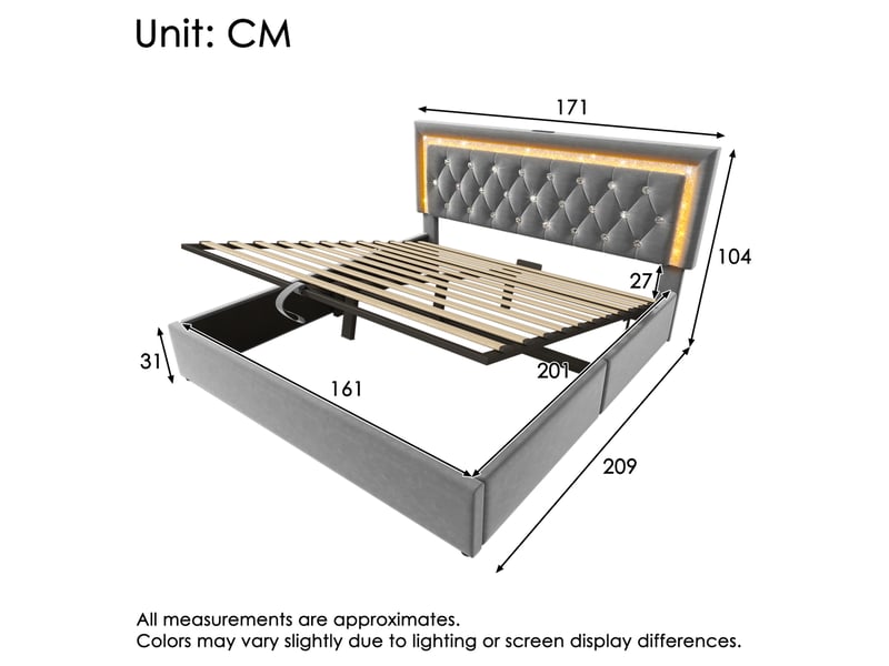  Lit avec coffre, 160x200 cm, avec bande led, système de recharge usb et type c, matelas inclus, métal, coloris gris  - Conforama C