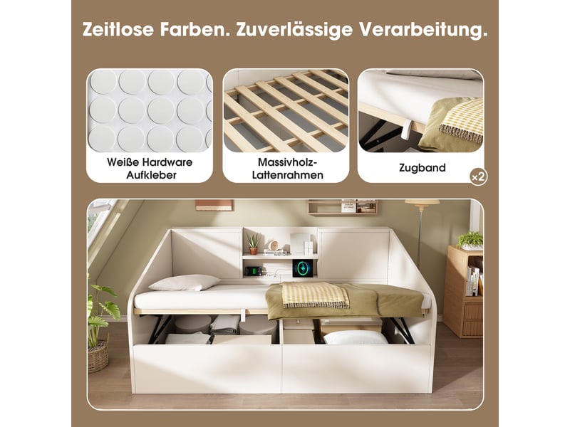  Lit coffre 90x190 cm avec sommier relevable, blanc  - Conforama E