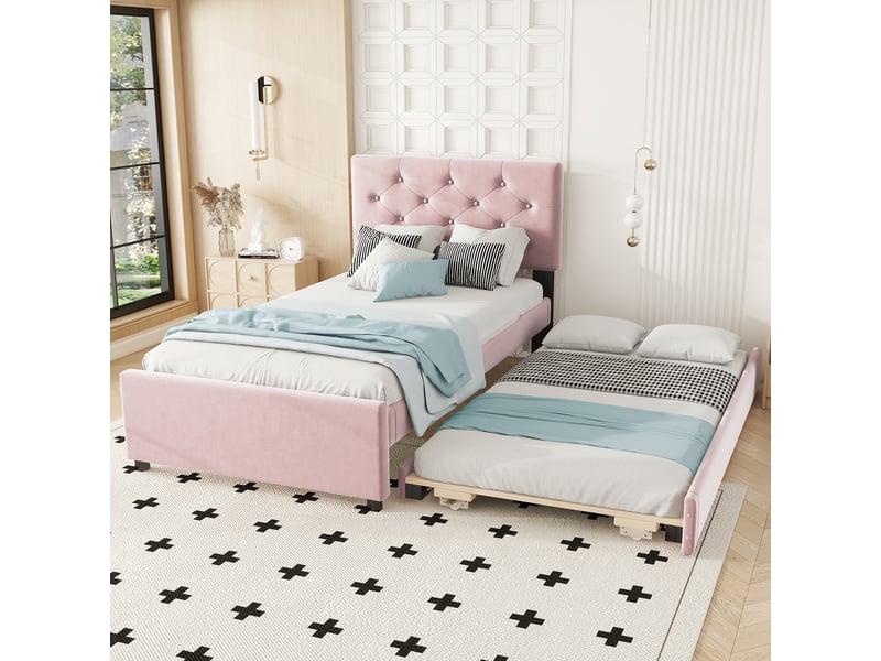  Lit enfant 90x200cm,lit gigogne en velours avec conception des boutons,rose lit enfant rose - Conforama B
