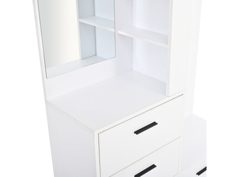  Garde-robe d'entrée 90x30x180 cm blanche avec banc à chaussures, miroir, 2 tiroirs, 3 crochets et étagères  - Conforama E
