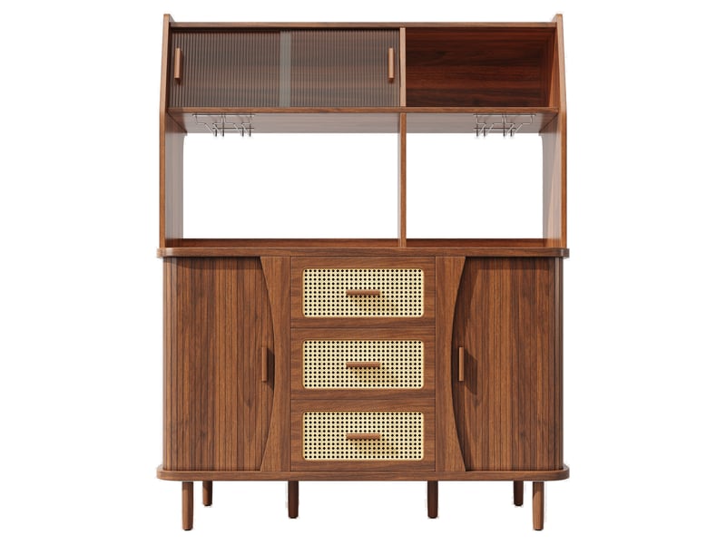  Buffet haut aspect noyer, 140x40,5x174,5 cm, mdf, 3 tiroirs aspect rotin, portes en verre coulissantes, charge 60 kg  - Conforama A