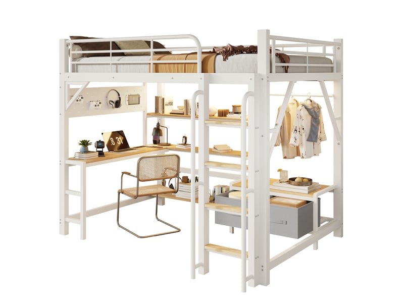 Lit mezzanine enfant 140×200 cm, bureau, usb et led réglable - sans matelas, métal mdf blanc - Conforama A
