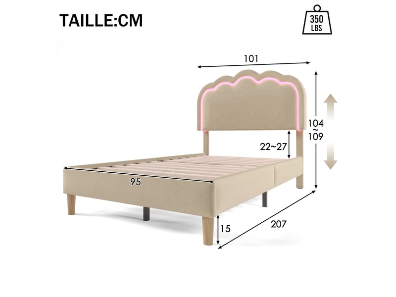  Lit simple en lin beige, lit 1 place avec tête réglable et led à couleur variable, 90x200 cm, sans matelas  - Conforama D