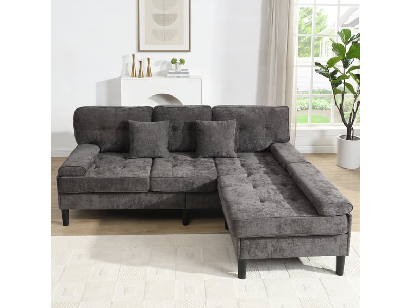  Canapé d'angle modulable 195x149x86 cm convertible avec pouf mobile, 3 places, bois, gris antique  - Conforama D