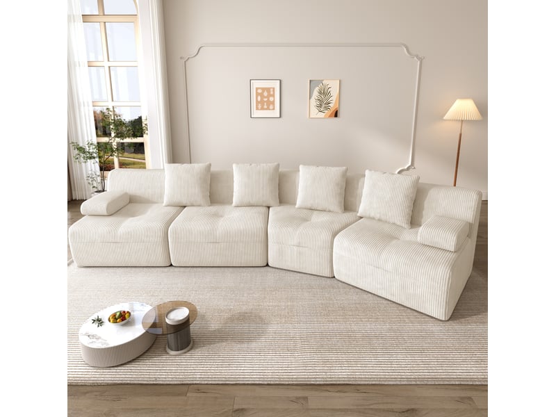  Canapé modulaire tcqpz 4 places 311 x 90 x 65 cm en velours côtelé beige clair  - Conforama D