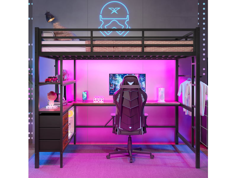 Lit mezzanine 140 x 200 cm, bureau, 3 tiroirs, éclairage led, prise usb, métal-mdf, avec télécommande, noir, sans matelas - Conforama B