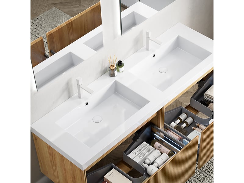  Plan vasque en résine avec plage intégrée pour salle de bains, blanc, 152 × 58 × 29 cm  - Conforama D