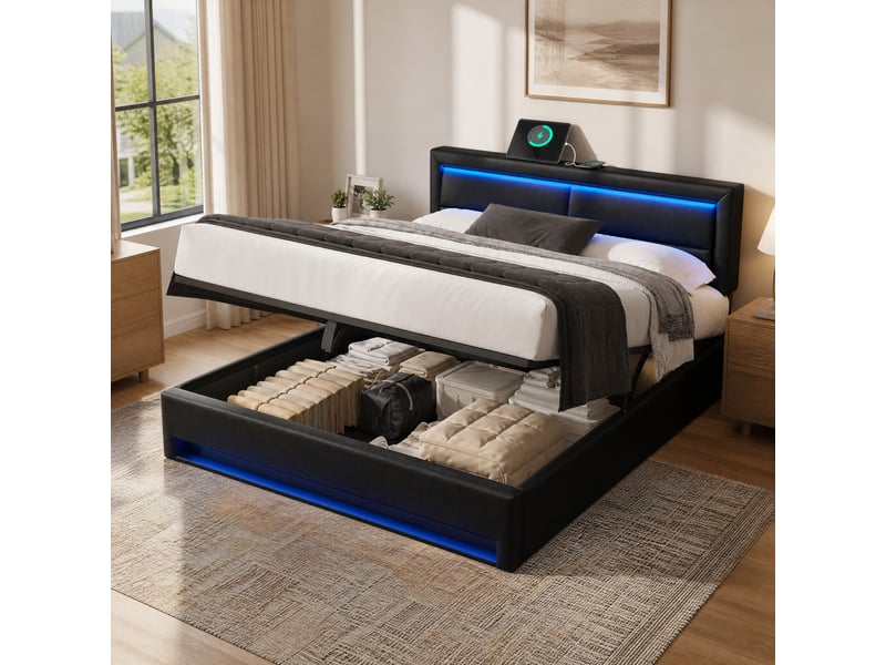 Lit rembourré 160 x 200 cm noir en pu avec led, usb, charge sans fil et rangement - Conforama C
