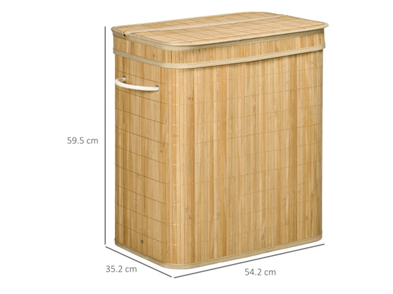  Panier à linge en bambou 90 l, 2 compartiments, 54,2 x 35,2 x 59,5 cm, couvercle, poignées et sac amovible  - Conforama E