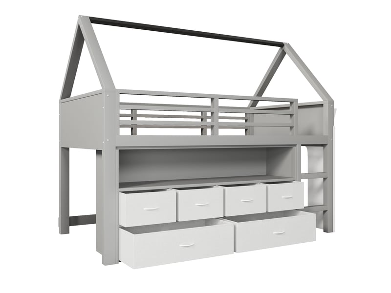  Lit mezzanine enfant 90 x 200 cm design cabane avec guirlande led multicolore, 6 tiroirs en tissu et rideau latéral avec poche, en bois gris  - Conforama D