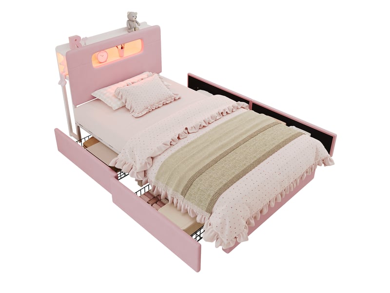  Lit enfant 90x200 cm, 4 tiroirs, tête de lit led pilotée par application, velours, rose sans matelas  - Conforama A