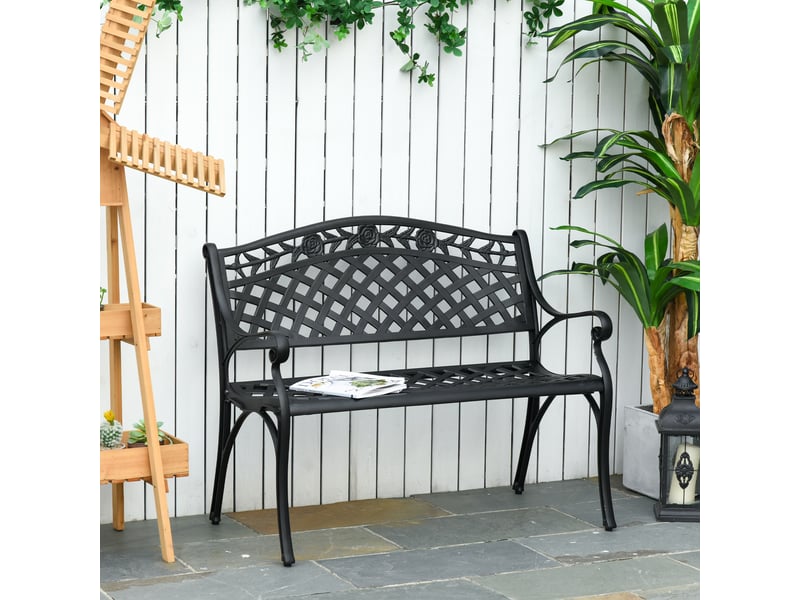  Banc 2 places, banc de jardin en aluminium, banc en métal avec accoudoirs, style champêtre, noir, 102,5 x 61 x 84 cm  - Conforama C