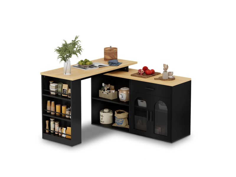  Desserte de cuisine 120x50x78 cm avec plateau pivotant et rangement en mélaminé, meuble cuisine, couleur noir et bois  - Conforama A