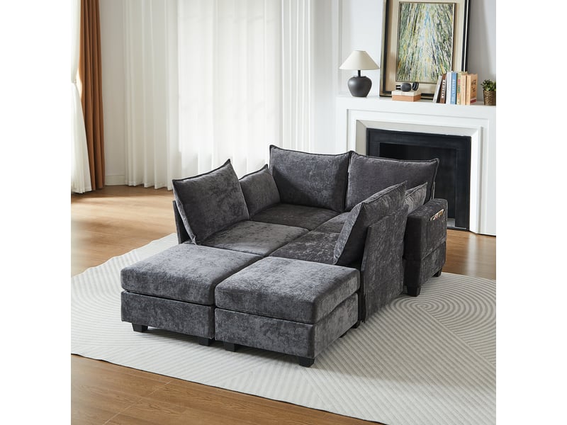 Canapé modulable 6 places en u avec rangement intégré, canapé d'angle convertible lit pour invités, revêtement chenille gris - Conforama B