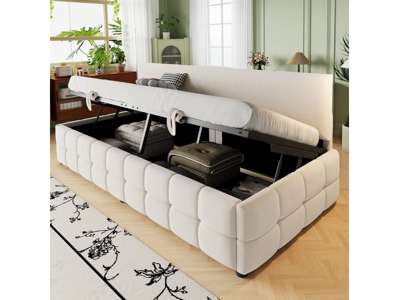  Lit enfant 90 x 200 cm style moderne rangement confort sans accoudoirs motif à carreaux velours beige avec matelas  - Conforama D