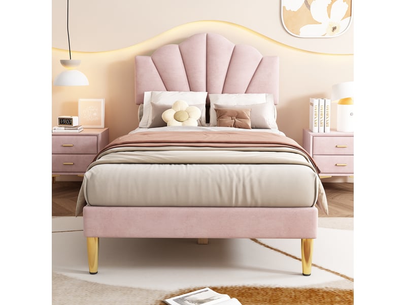  Modenvie lit capitonné 90x200 cm - velours, tête de lit réglable, pieds dorés - pour chambre - rose  - Conforama E