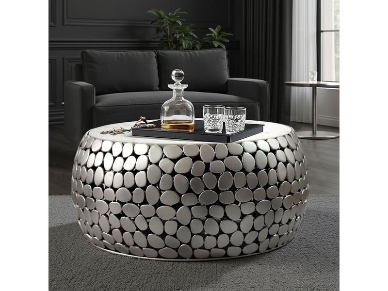 Finebuy table basse design ronde 66 cm en aluminium et plateau en marbre blanc argente - table de salon alu - table de canapé métal - table d'appoint salon - fait main  - Conforama B