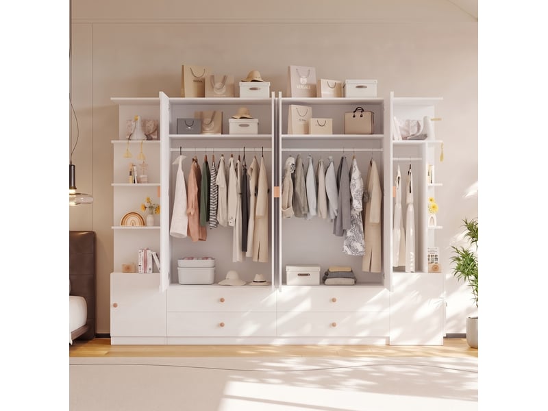 Armoire 6 portes blanche 270 x 45 x 200 cm avec 4 tringles et 4 tiroirs - Conforama D
